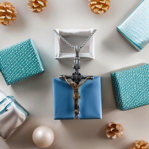 Large two tone cross charm, with a silver stain less steel chain.